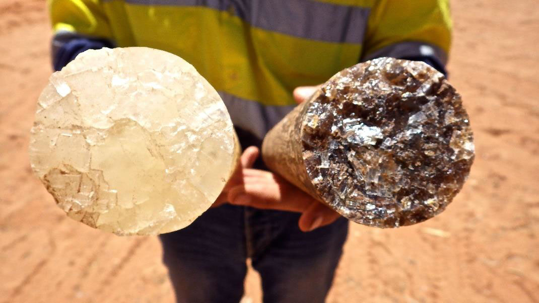 Pure salt core on left and salt core with associated minerals on the right